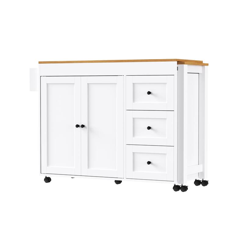 Modern Kitchen Island with Extendable Dining Table, 3 Drawers, 2-Door Cabinet, Power Sockets and Spice Rack, for Kitchen