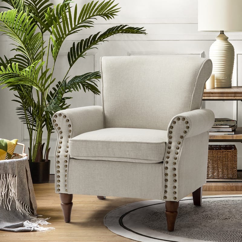 Nyctelius Upholstered Comfy Accent chair with Classic Turned Wooden Legs and Nailhead Trim by HULALA HOME