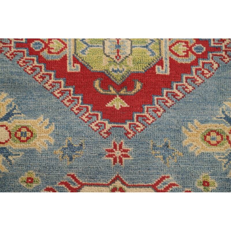 Blue Geometric Kazak Area Rug Handmade Wool Carpet - 5'0" x 6'6"