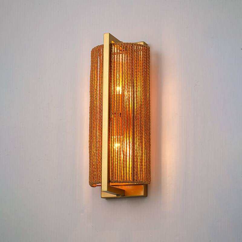 1-Light Gold Wall Sconce with Woven Rope Shade - 6.3" W × 5.1" D × 16.1" H