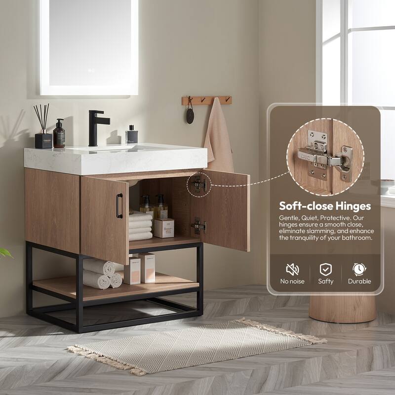 Alistair Single Bath Vanity with White Grain Stone Top without Mirror