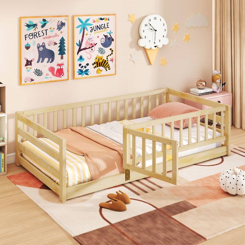 Gymax Twin Size Floor Bed w/High Fence & Door Safety Guardrails Wood - Natural