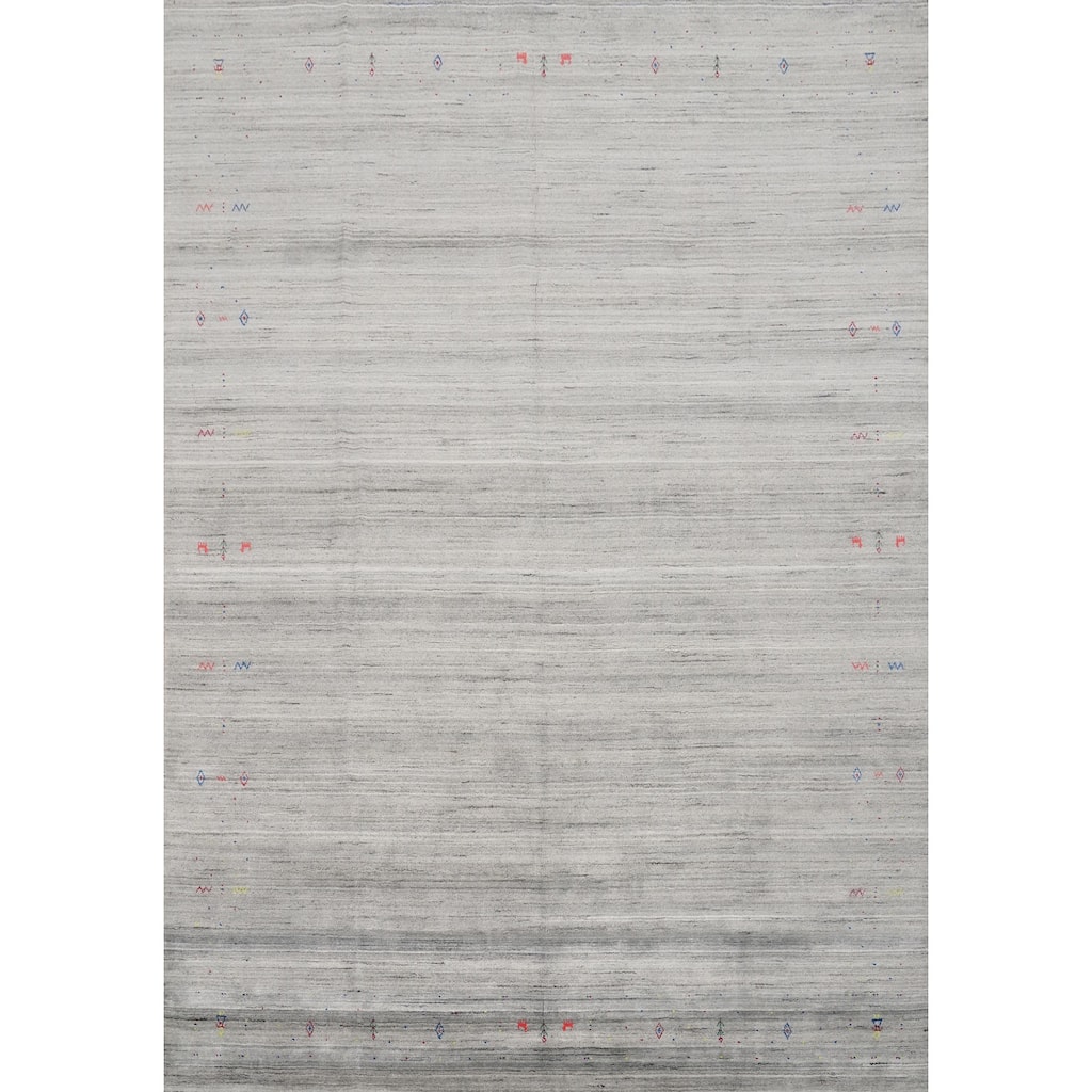 Hand Knotted Oriental Viscose Silk Carpet Tribal Animal Pictorial Greys & Charcoal Gabbeh Area Rug - 11' 10'' X 9' 11''