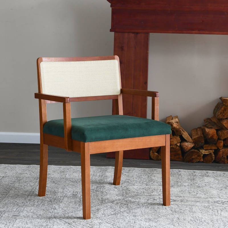 Solid Wood Arm Chair with Woven Cane Back and Velvet Upholstered Seat