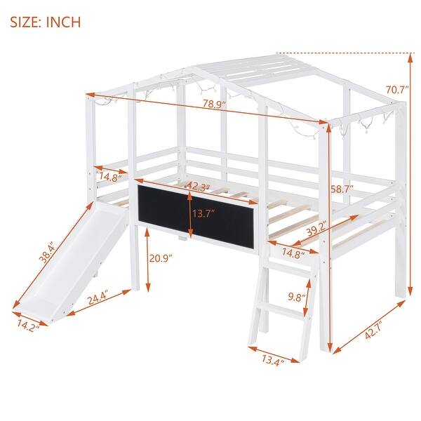dimension image slide 1 of 2, Roomfitters Twin Size Loft Bed with Ladder and Slide, House Bed with Blackboard and Light Strip for a Fun and Functional Space