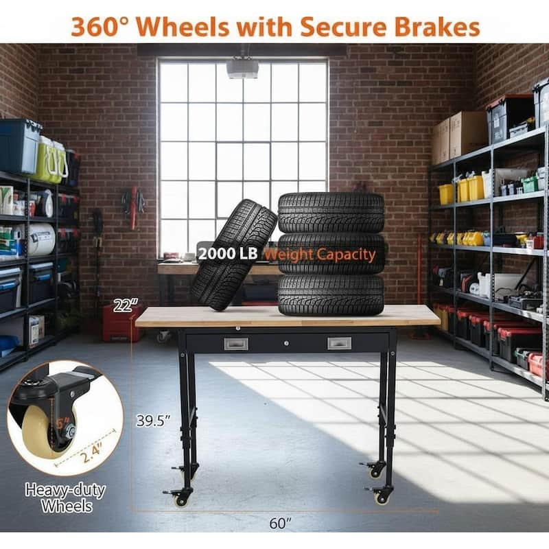 Heavy Duty 60" Adjustable Workbench, with Drawer and Wheel