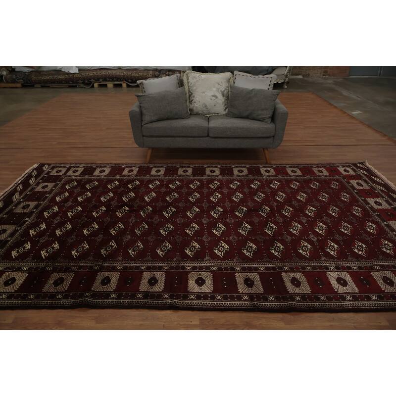 Hand Knotted Oriental 100% Wool Carpet Traditional All-Over Red Turkoman Area Rug - 12' 1'' X 7' 0''