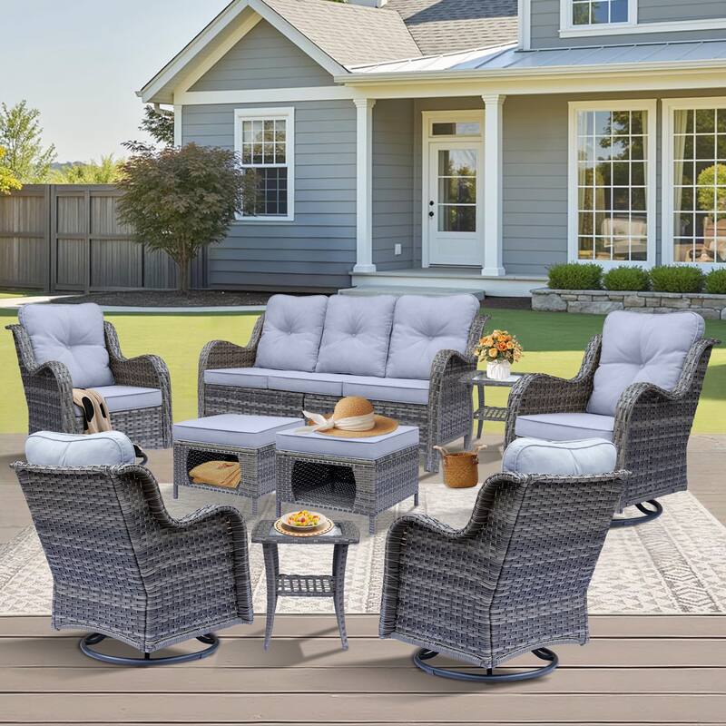 Gray Rattan Outdoor Patio Conversation Sets with Swivel Rocker Chairs