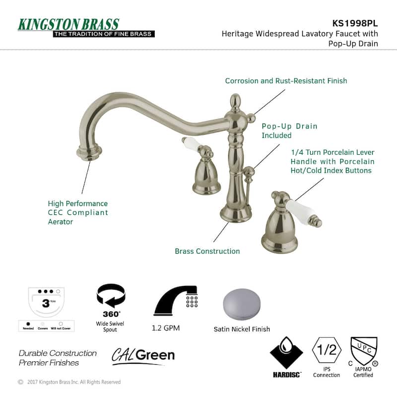 Kingston Brass Heritage Widespread Bathroom Faucet with Brass Pop-Up