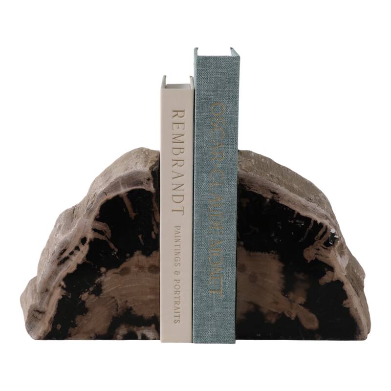 Wood Bookends Natural Slice Design Medium Size (Set of 2) - 7" Black - 5.5" x 2.25" x 7.25"