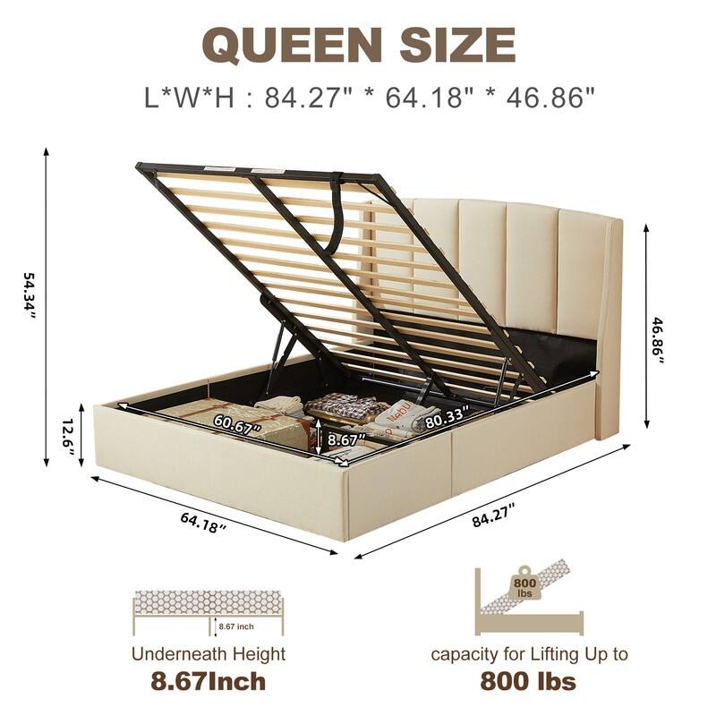 Linen Wingback Hydraulic Lift Up Storage Upholstered Platform Bed