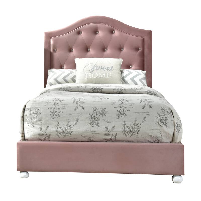 Twin Size Upholstered Platform Bed with Button Tufted Arched Headboard and Wooden Legs, No Box Spring Needed, Pink Fabric Frame