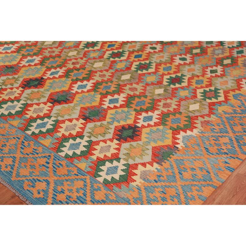 Reversible Kilim Oriental Rug Hand-Woven Tribal Reversible Wool Carpet - 10'0"x 12'10"