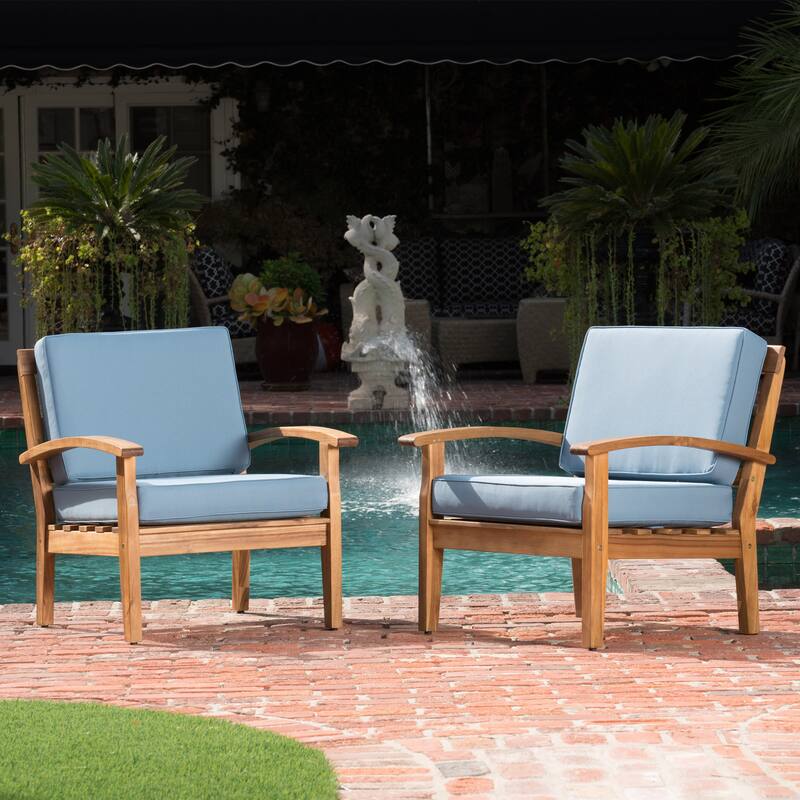 Roomfitters Outdoor Lounge Chairs with Blue Cushions, Acacia Wood Patio Armchairs, Set of 2, Teak Finish - Natural