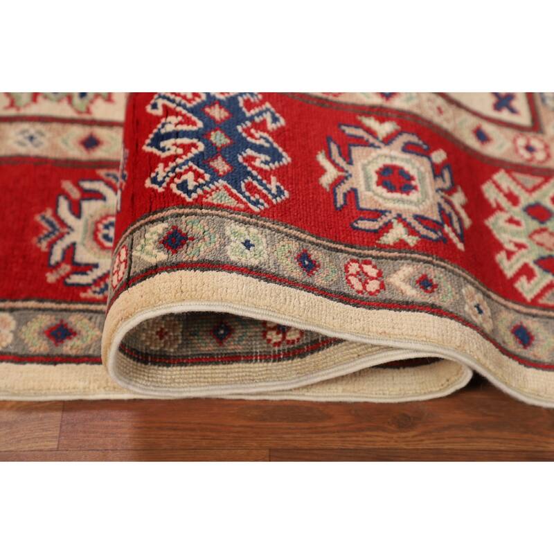 Geometric Kazak Area Rug Hand-Knotted Beige Wool Carpet - 5'2" x 6'6"