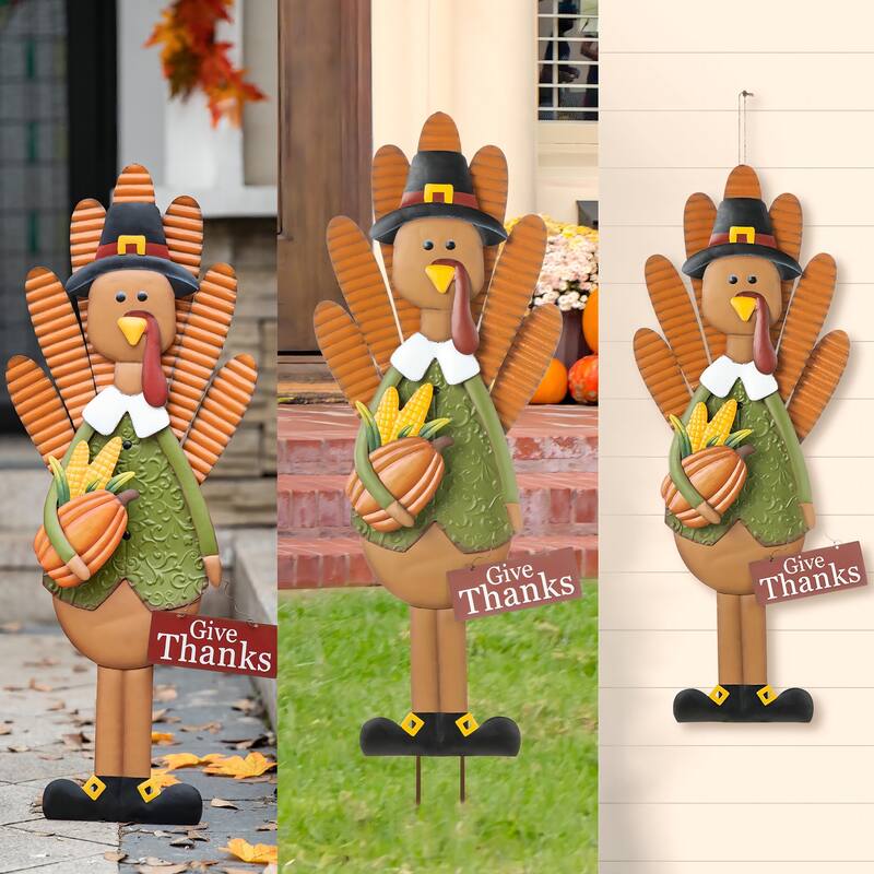 Glitzhome 36"H Thanksgiving Metal Turkey Yard Stake Wall Decor (3 Functions)