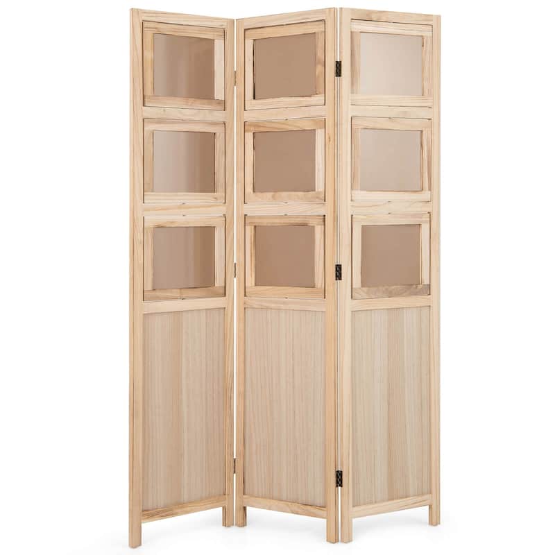 Costway 67” 3 Panel Room Divider with Paulownia Wood Photo Frames - Natural - See Details