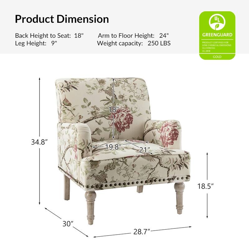 Pavia Traditional Floral Fabric Design Upholstered Accent Armchair with Nailhead Trim Set of 2 by HULALA HOME