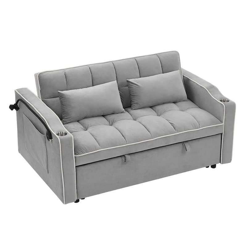 55.51'' Modern Versatile Foldable Sofa Bed With Adjustable Back and USB Port and Ashtray and Swivel Phone Stand