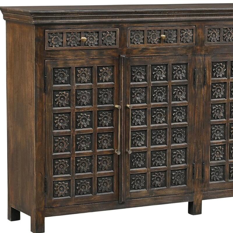 HomeRoots 107" Brown Distressed Solid Wood Carved Floral Six Drawer Sideboard with Six Doors
