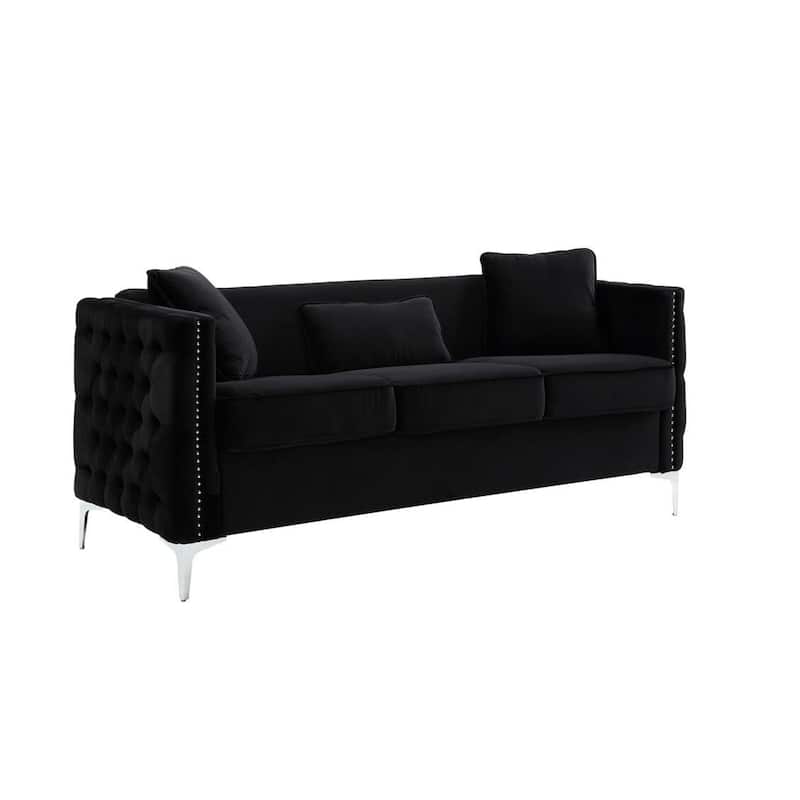 Joel 73 Inch Modern Sofa with 3 Pillows, Tufted Black Velvet, Silver Legs - Black