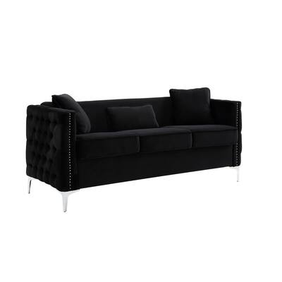 Joel 73 Inch Modern Sofa with 3 Pillows, Tufted Black Velvet, Silver Legs