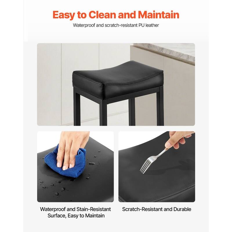 Set of 2 Black PU Leather Counter Height Bar Stools with Curved Seat and Metal Frame - 17.72” x 13.39” x 25.39”