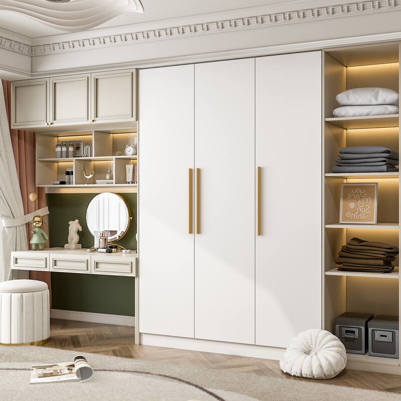 Wardrobe Armoire Wooden Closet Cabinet 6 Storage Cube and Hanging Rod - White
