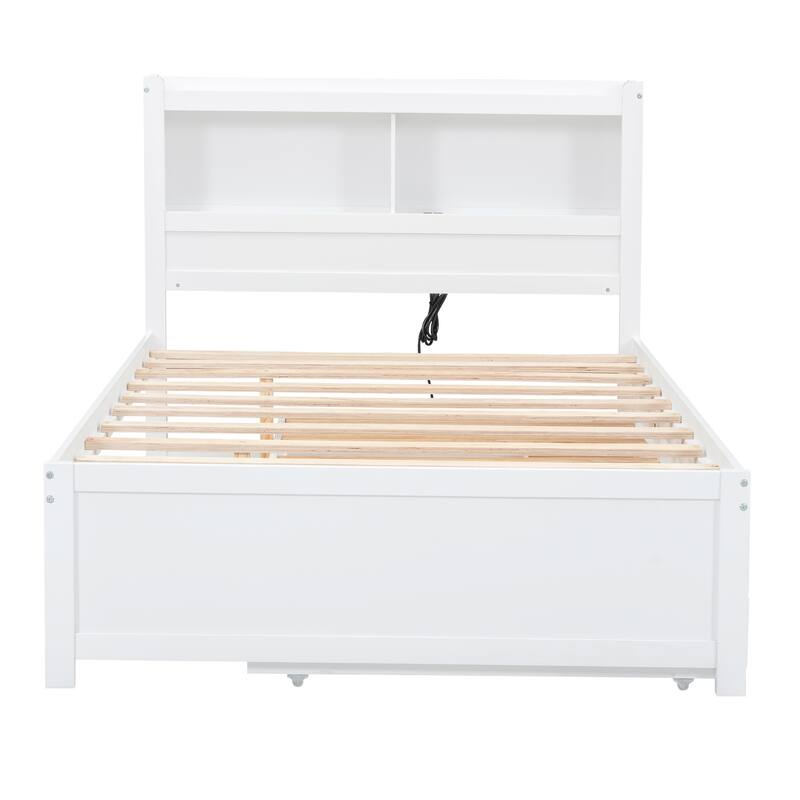 Full Size Platform Bed with Trundle, Drawers, USB Plugs, and Storage Shelves, White