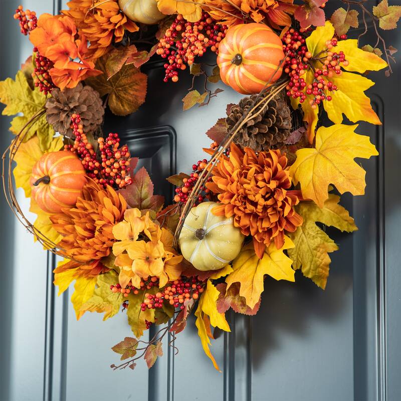 Glitzhome Fall Maple Leaf Sunflower Garland & Dahlia Pumpkin Wreath