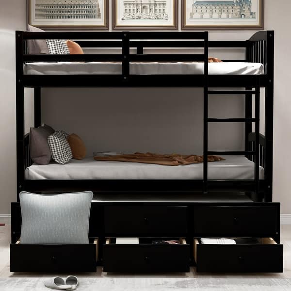 slide 2 of 46, Modern Design Wood Bunk Bed with Ladder, Multifunctional Trundle Bunk Bed with Drawers Espresso