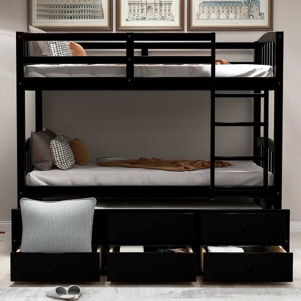 slide 2 of 9, Twin Bunk Bed with Trundle and Three Drawers Espresso