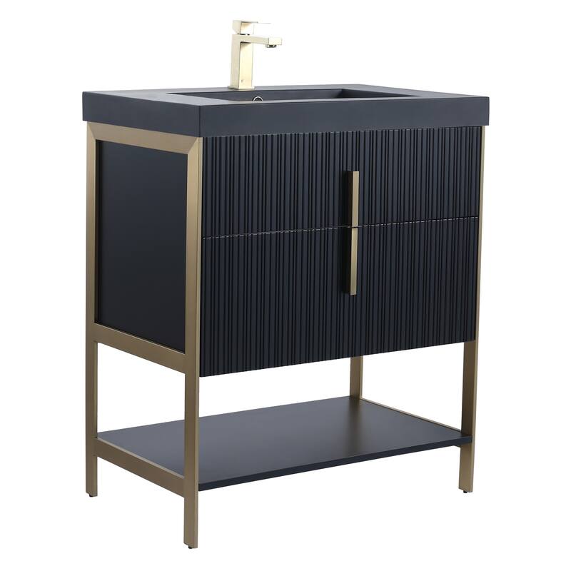 Fine Fixtures Serenity Modern Bathroom Vanity with Black Gel Acrylic Top - Black Matte - Brass Hardware - 30 inch