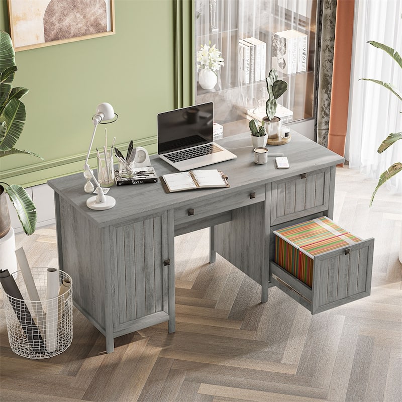 Grey Wood Office Computer Desk with Drawers Cable Management Home Workstation