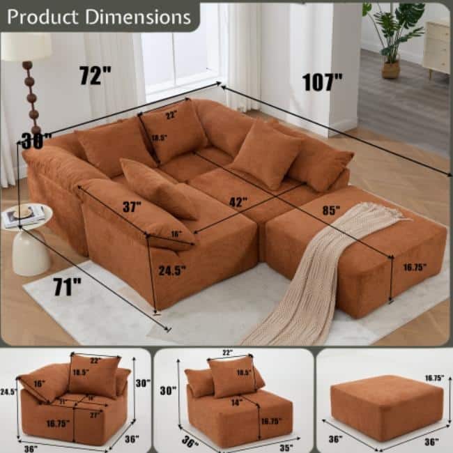 GDFStudio - Chenille L-Shaped Modular 5-Seater Sectional Sofa with Ottoman