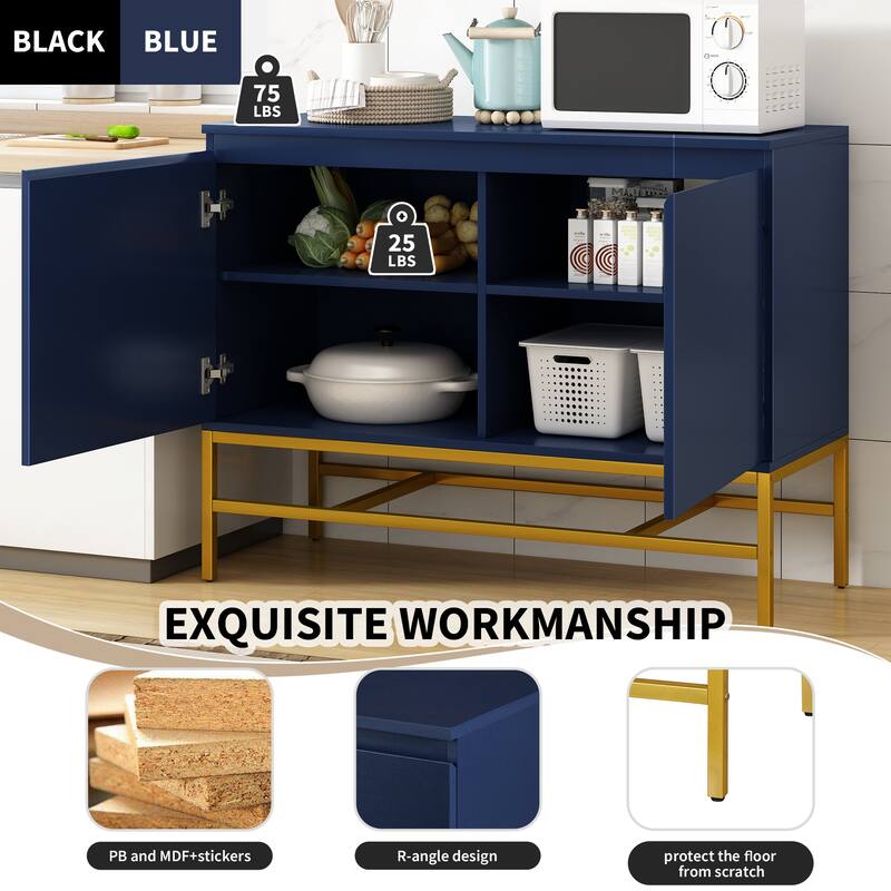 2 Doors Sideboard Buffet Cabinet with Adjustable Shelf & Gold Legs, Accent Cabinet Console Table for Dining Room Entryway, Navy