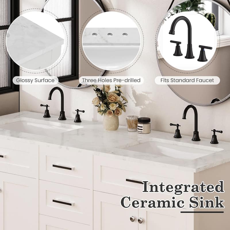 EROMMY All-in-One Bathroom Vanity with Ceramic Sink, Soft-Close Storage Cabinet & Drawer, Glossy Countertop, White