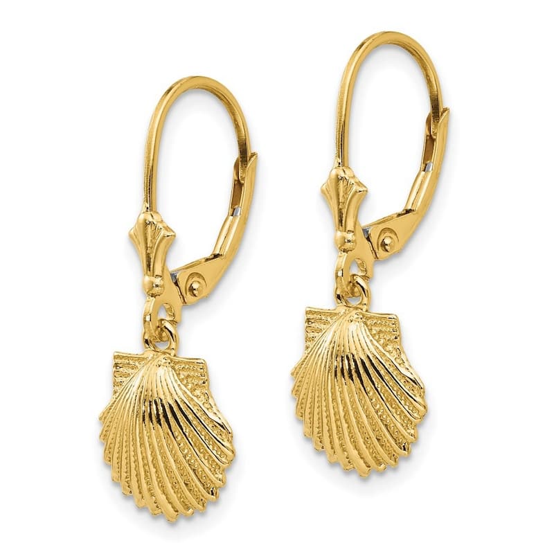 Curata 14k Yellow Gold Textured Scallop Shell Leverback Earrings (10mm x28mm) - White