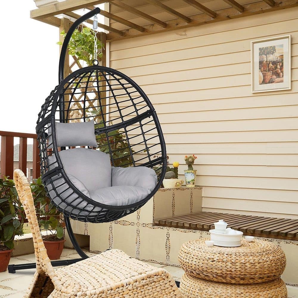 Maypex Outdoor Black Wicker Basket Swing Chair with Grey Cushion