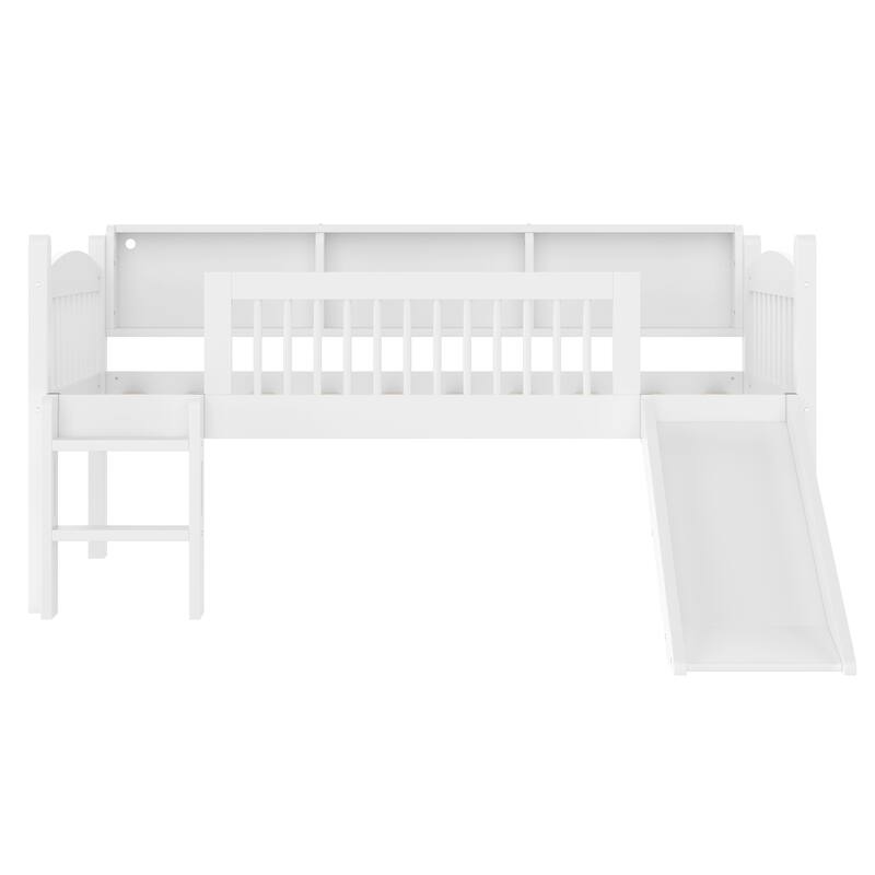 Twin Loft Bed with Storage Shelves, LED Lights & Guardrails