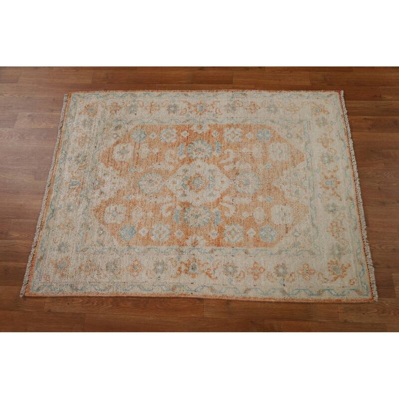 Hand Knotted Oriental 100% Wool Carpet Transitional Geometric Oranges & Rust Oushak Area Rug - 3' 11'' X 2' 11''