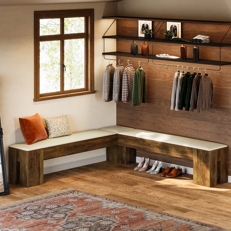 61 Inch L-Shaped Bench with Cushion, Corner Kitchen Breakfast Nook Bench for Entryway / Bedroom / Living Room / Dining Room