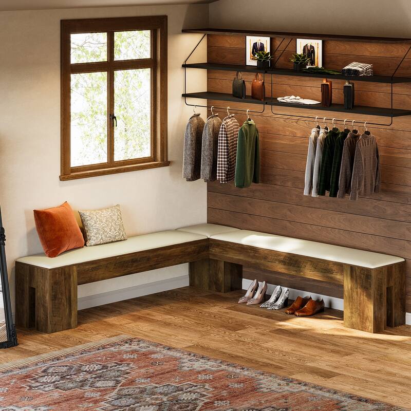 61 Inch L-Shaped Bench with Padded Seat Cushion for Entryway / Bedroom / Living Room / Kitchen Dining Room