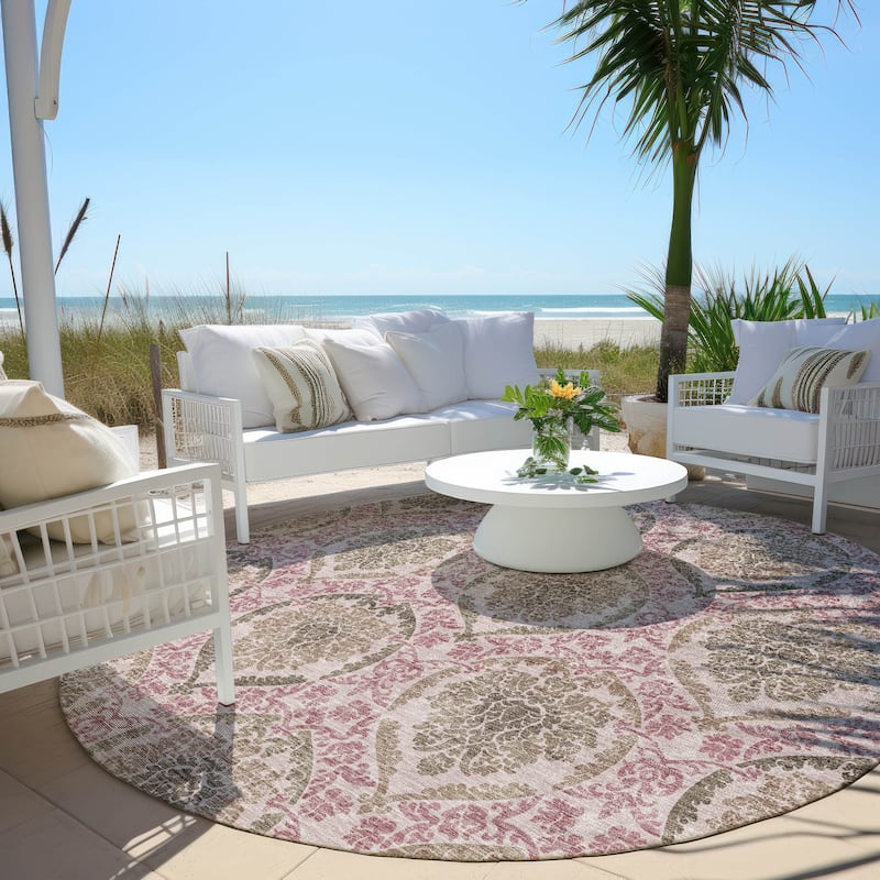 Machine Washable Indoor/ Outdoor Chantille Traditional Damask Rug - Chocolate - 8' x 8'