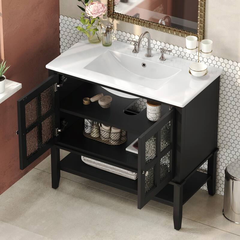 36" Bathroom Vanity with Ceramic Sink, Adjustable Shelf and Open Shelf, Solid Wood Legs, Waterproof Painted Finish