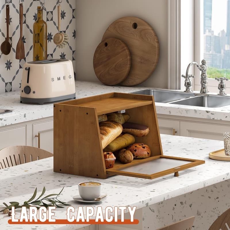 Large bread box for kitchen countertop, rustic-style bread container, bread storage box with window