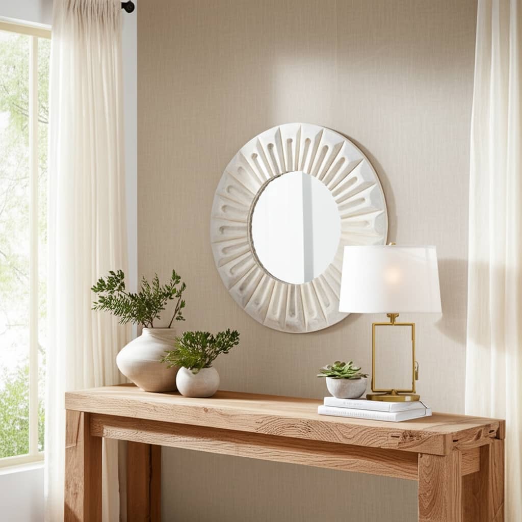 Wood Wall Mirror Modern Round Sculptured Carved Frame - 35" Ivory - 35.5" x 1.75" x 35.5"