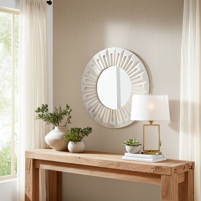 Wood Wall Mirror Modern Round Sculptured Carved Frame - 35" Ivory - 35.5" x 1.75" x 35.5" - Ivory - 35.5" x 1.75" x 35.5"