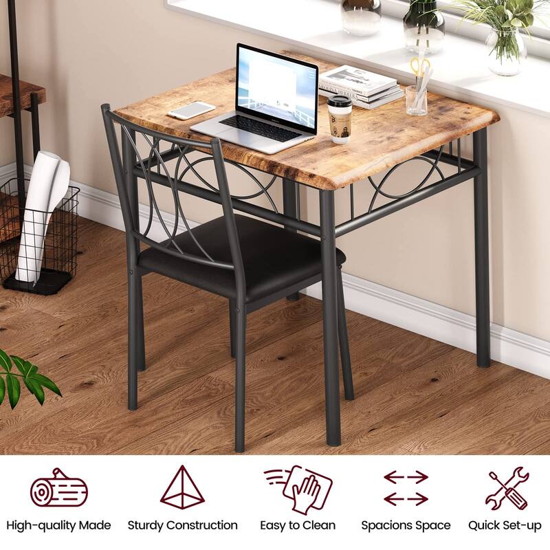 3-Piece Industrial Dining Set, Table with 2 Upholstered Chairs & Metal Legs, Space-Saving Breakfast Table Set