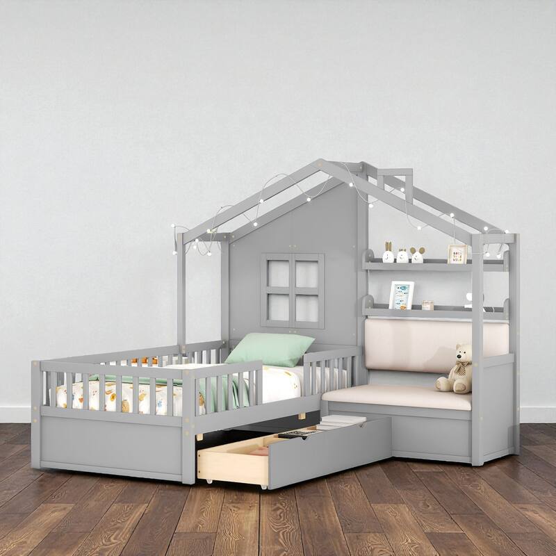 Twin House Bed with Sofa, Two Storage Drawers & Shelf, Kids Playhouse Platform Bed with Pine Wood Frame